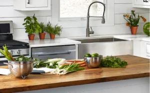 Kitchen in use with items on countertop