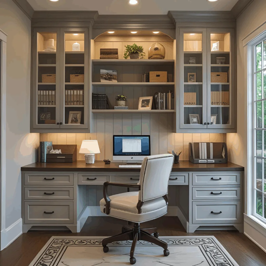 Home office desk with custom cabinets and lighting
