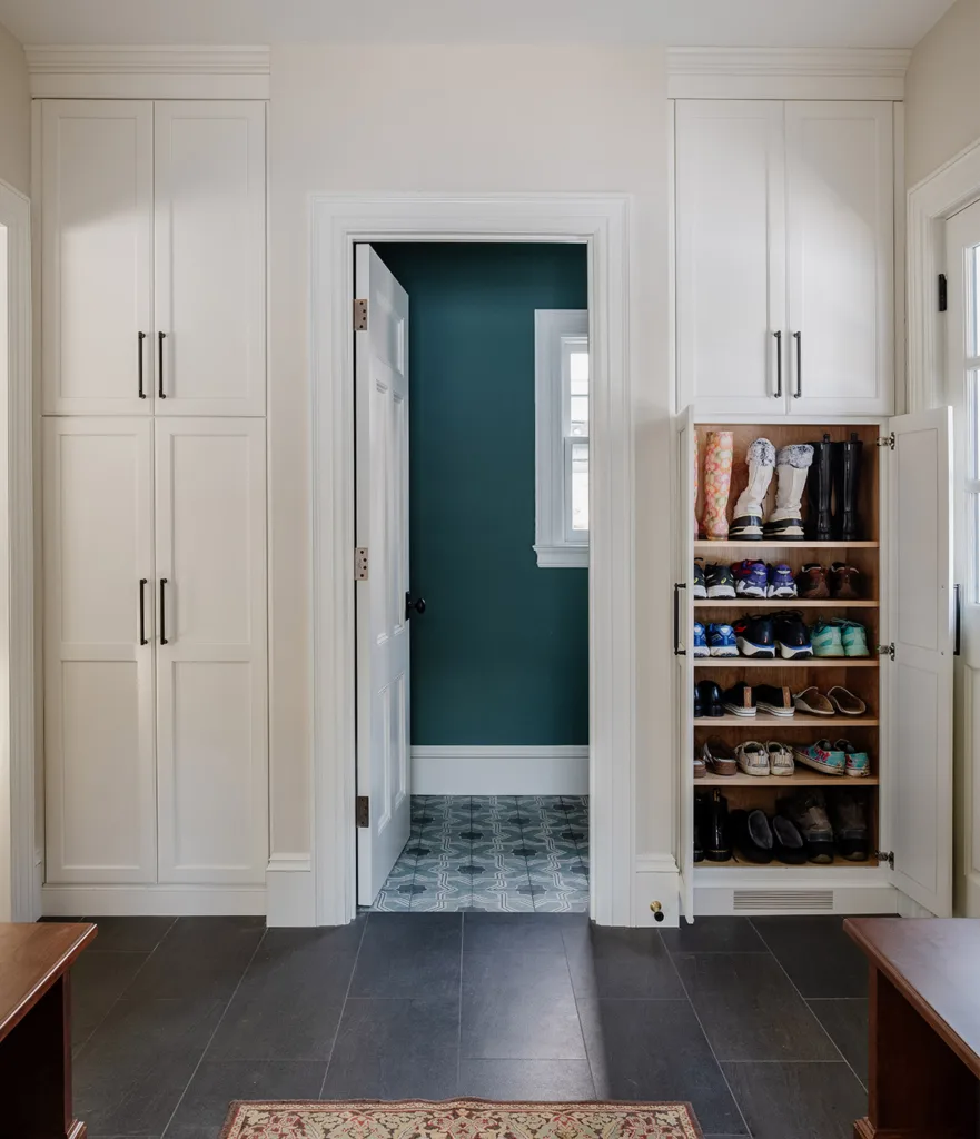 Custom mudroom cabinets showing storage solutions