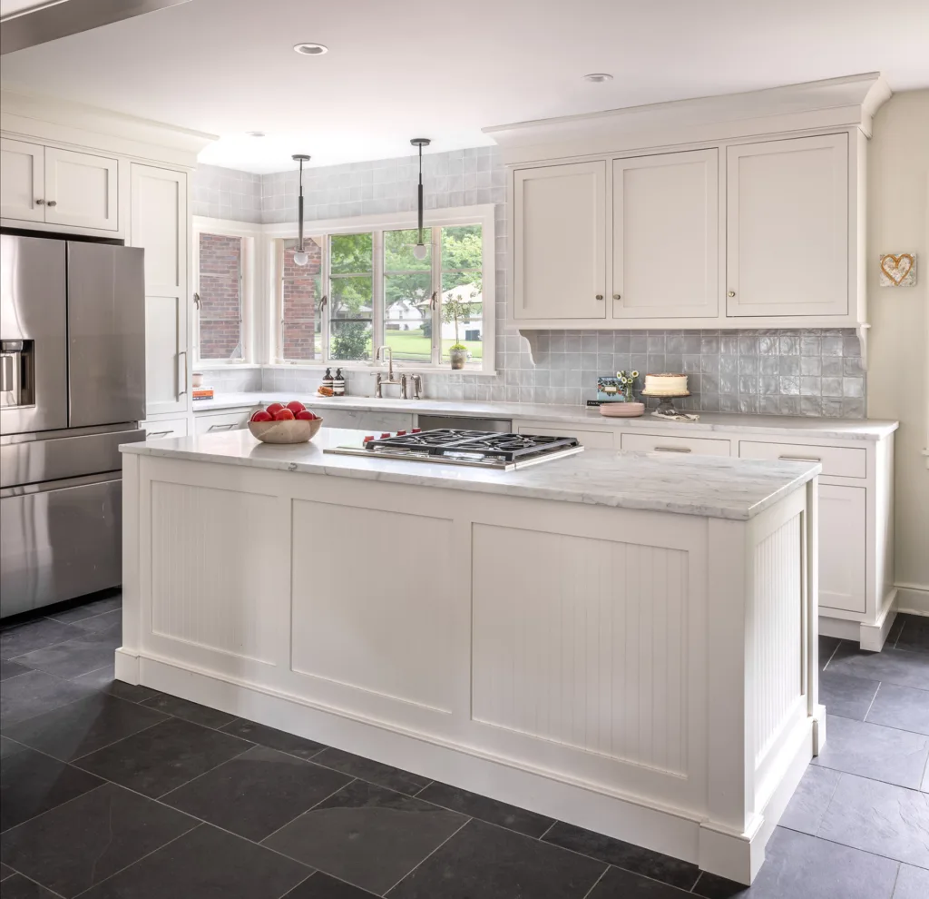 Custom kitchen with Inset/Overlay: Inset Cabinet Specie: Hard Maple Finish Color: Frosty White. TW-1038 Door Style with Ardmore Door Material for Kitchen Island