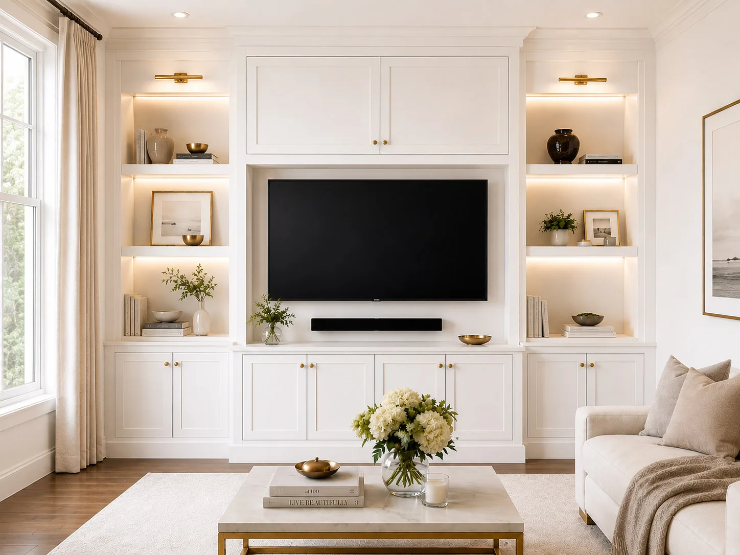 Living room build in cabinets with TV