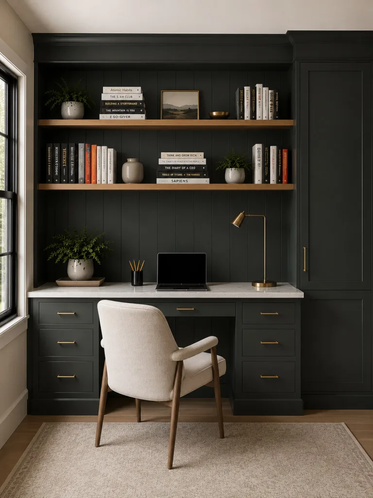 Home office with open shelving and built-in desk cabinets