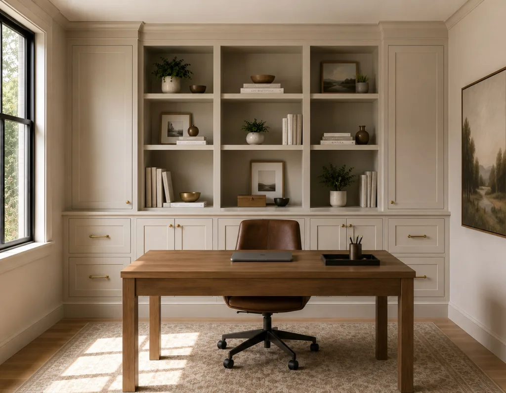 Home office with built in cabinets and a desk