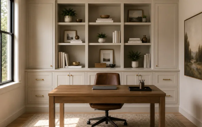 Home office with built in cabinets and a desk