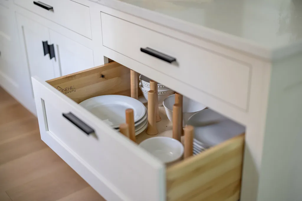 Semi custom inset cabinet drawer with plate dividers
